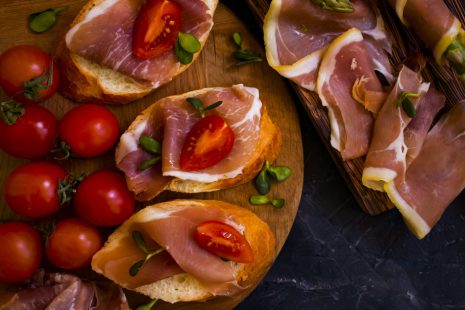 Tomato and jamon iberico de bellota ham slices