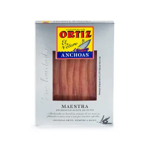 Ortiz Maestra Cured Anchovy Fillets 55g - premium quality large anchovies. The fillets are very large.